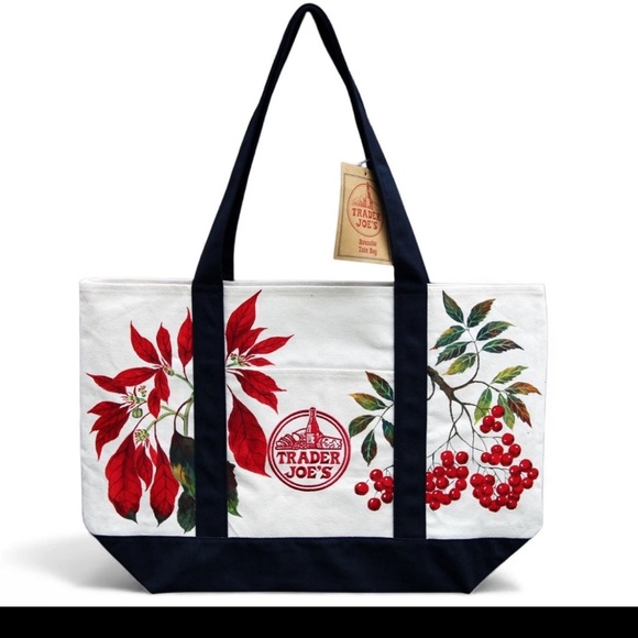Hand-Painted Trader Joe’s Large Canvas Tote Bag – Christmas Red Leaves & Berries - Picture 1 of 4